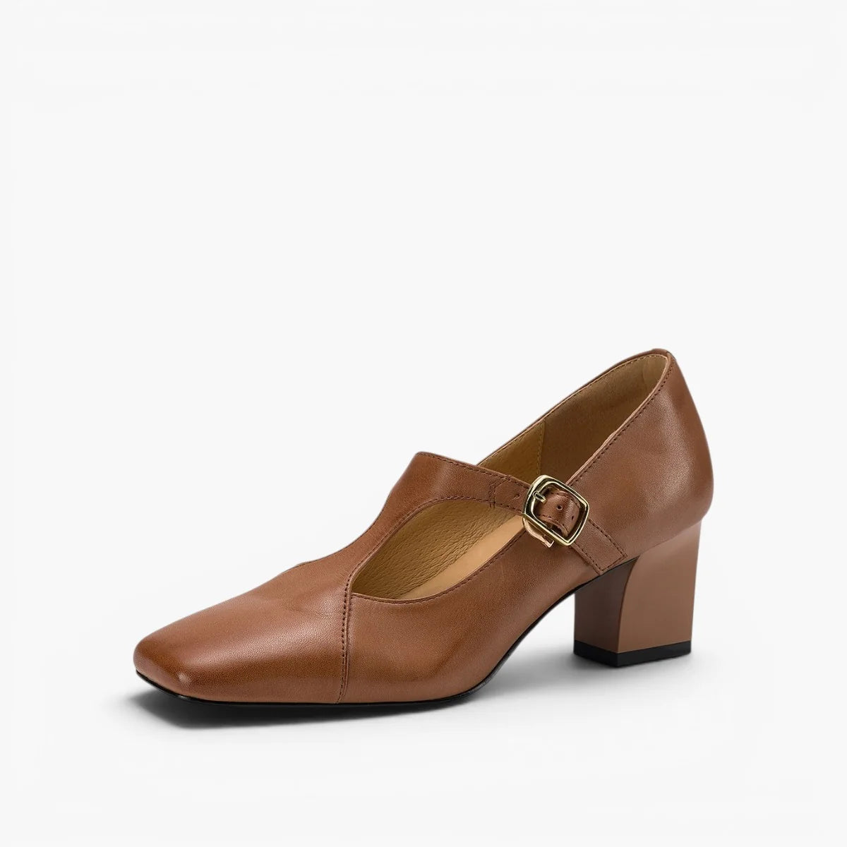 Women's Square-Toe T-Bar Block Heels in Chestnut Tan – product view | Hensley London