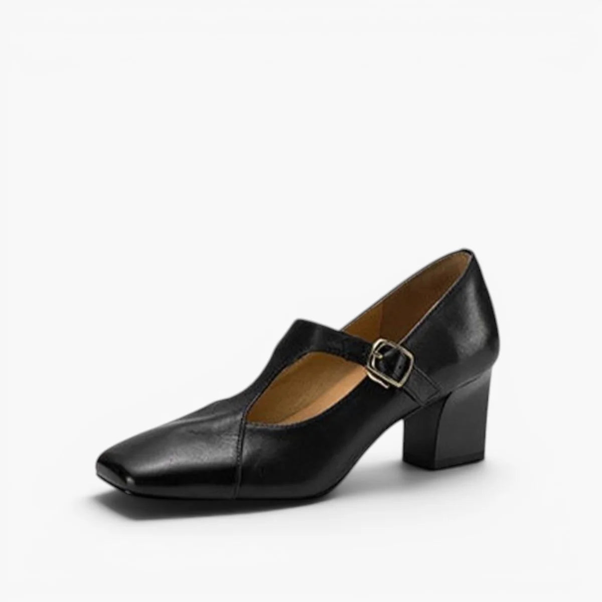 Women's Square-Toe T-Bar Block Heels in Midnight Black – product view | Hensley London