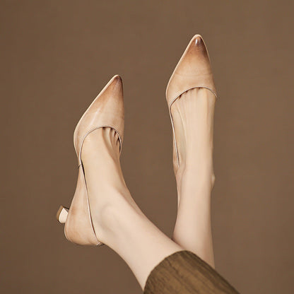 Women's Leather Pointed-Toe Kitten Heels in Almond Beige | Hensley London