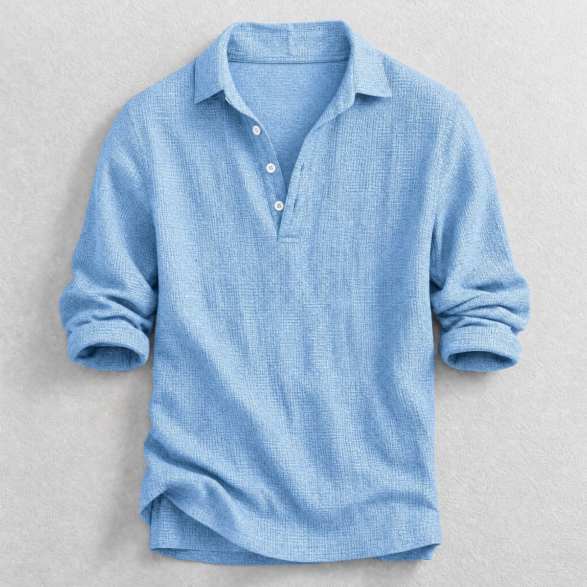 Men's Long-Sleeve Henley Shirt in Blue – product view | Hensley London