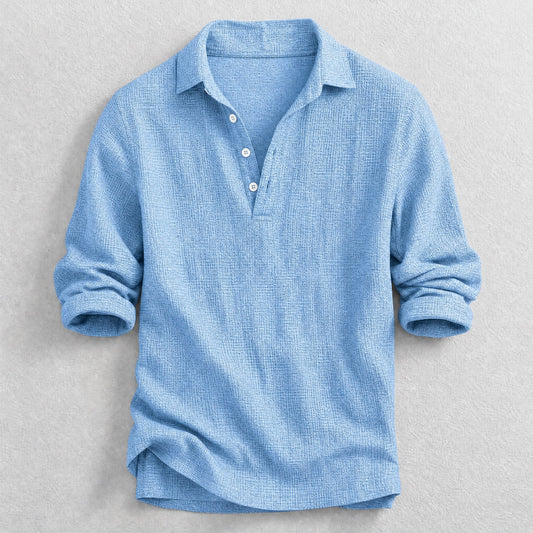 Men's Long-Sleeve Henley Shirt in Blue – product view | Hensley London
