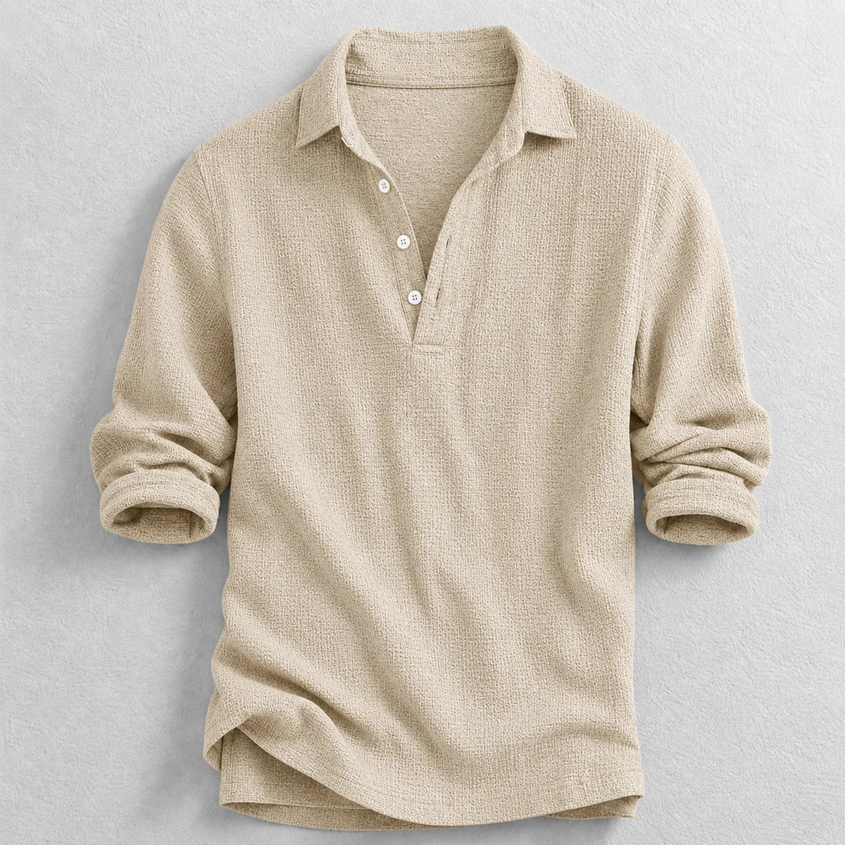 Men's Long-Sleeve Henley Shirt in Sand – product view | Hensley London