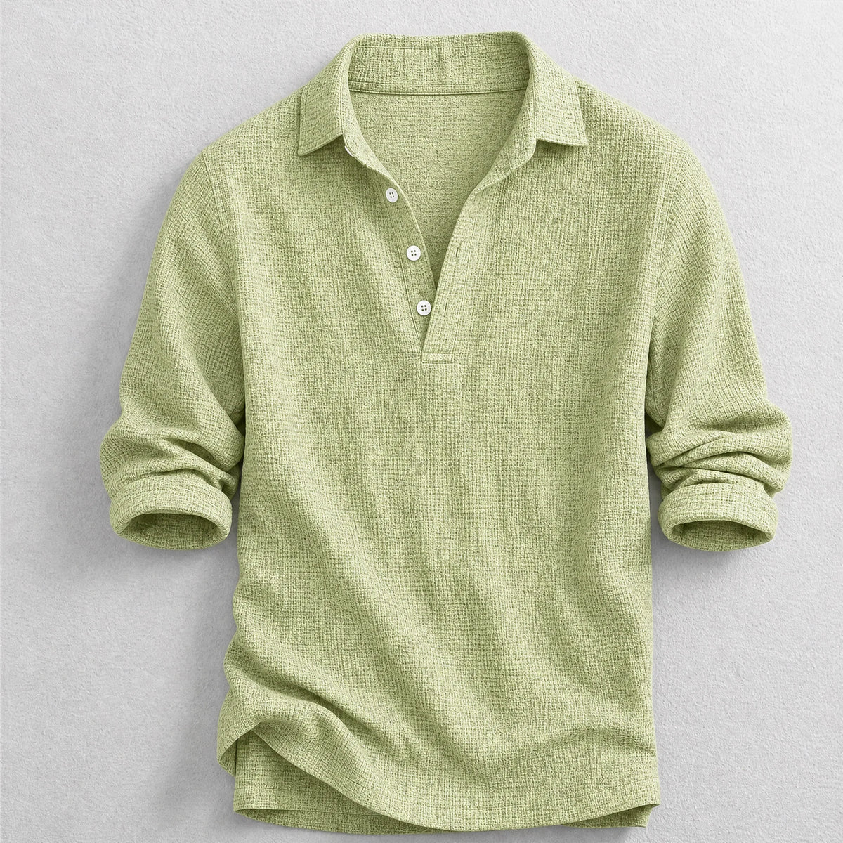 Men's Long-Sleeve Henley Shirt in Green – product view | Hensley London