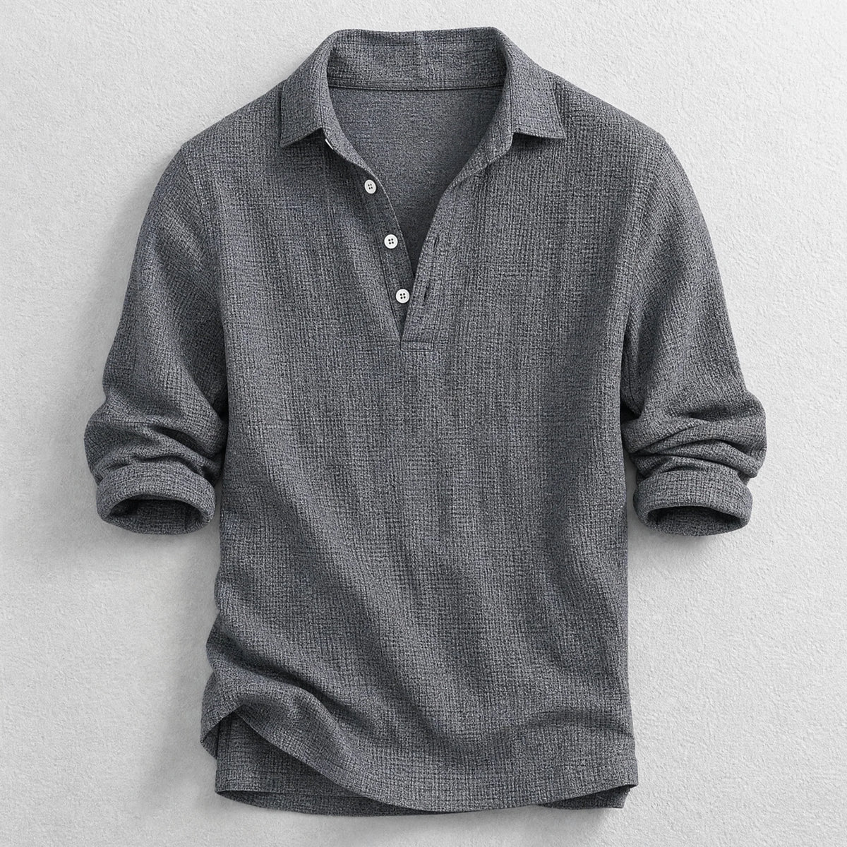 Men's Long-Sleeve Henley Shirt in Gray – product view | Hensley London