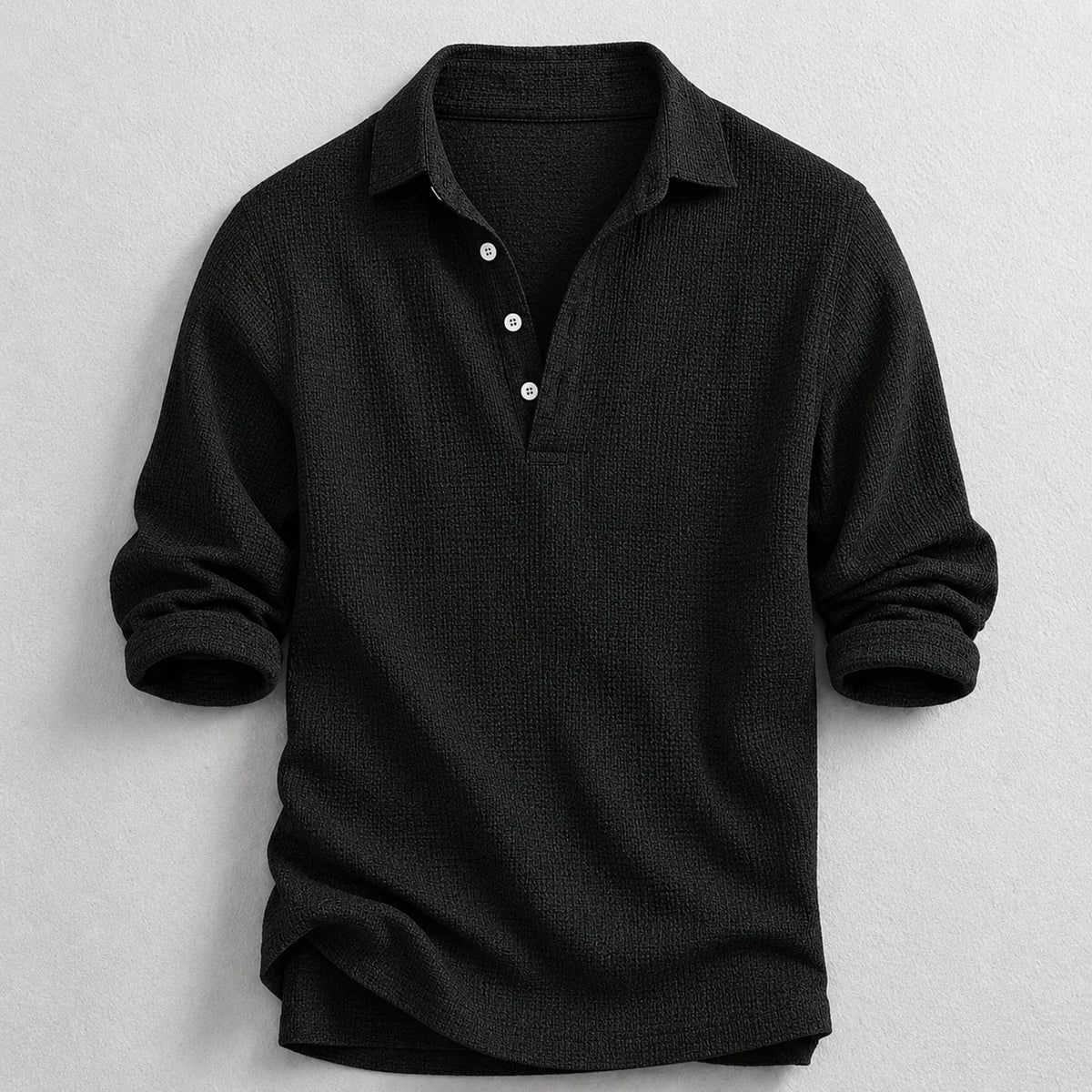 Men's Long-Sleeve Henley Shirt in Black – product view | Hensley London