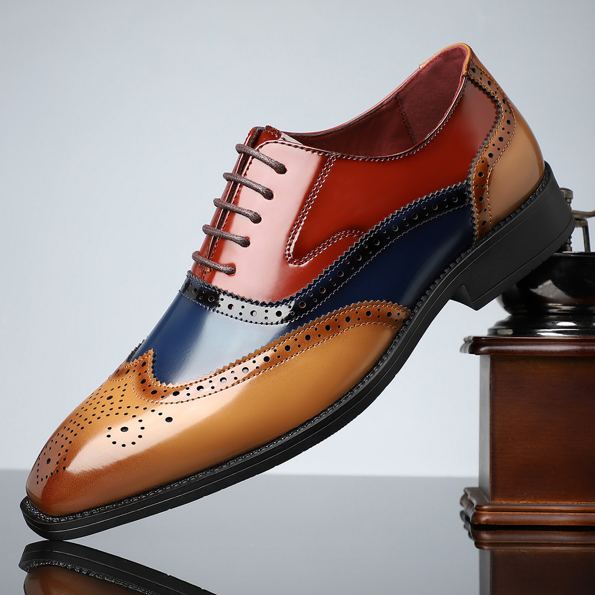Men's Patent Leather Wingtip Brogue Dress Shoes in Cognac Midnight – front view | Hensley London