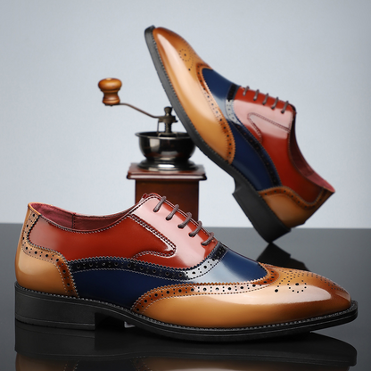 Men's Patent Leather Wingtip Brogue Dress Shoes in Cognac Midnight – side view | Hensley London