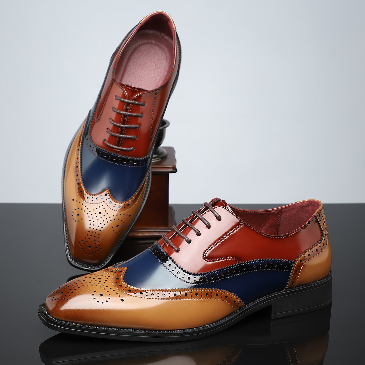 Men's Patent Leather Wingtip Brogue Dress Shoes in Brown – front view | Hensley London