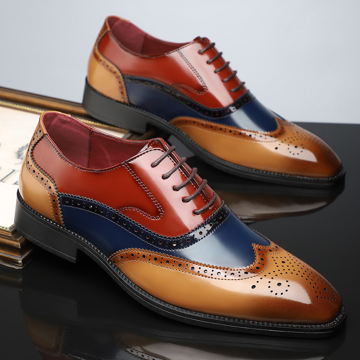 Men's Patent Leather Wingtip Brogue Dress Shoes in Brown – side view | Hensley London