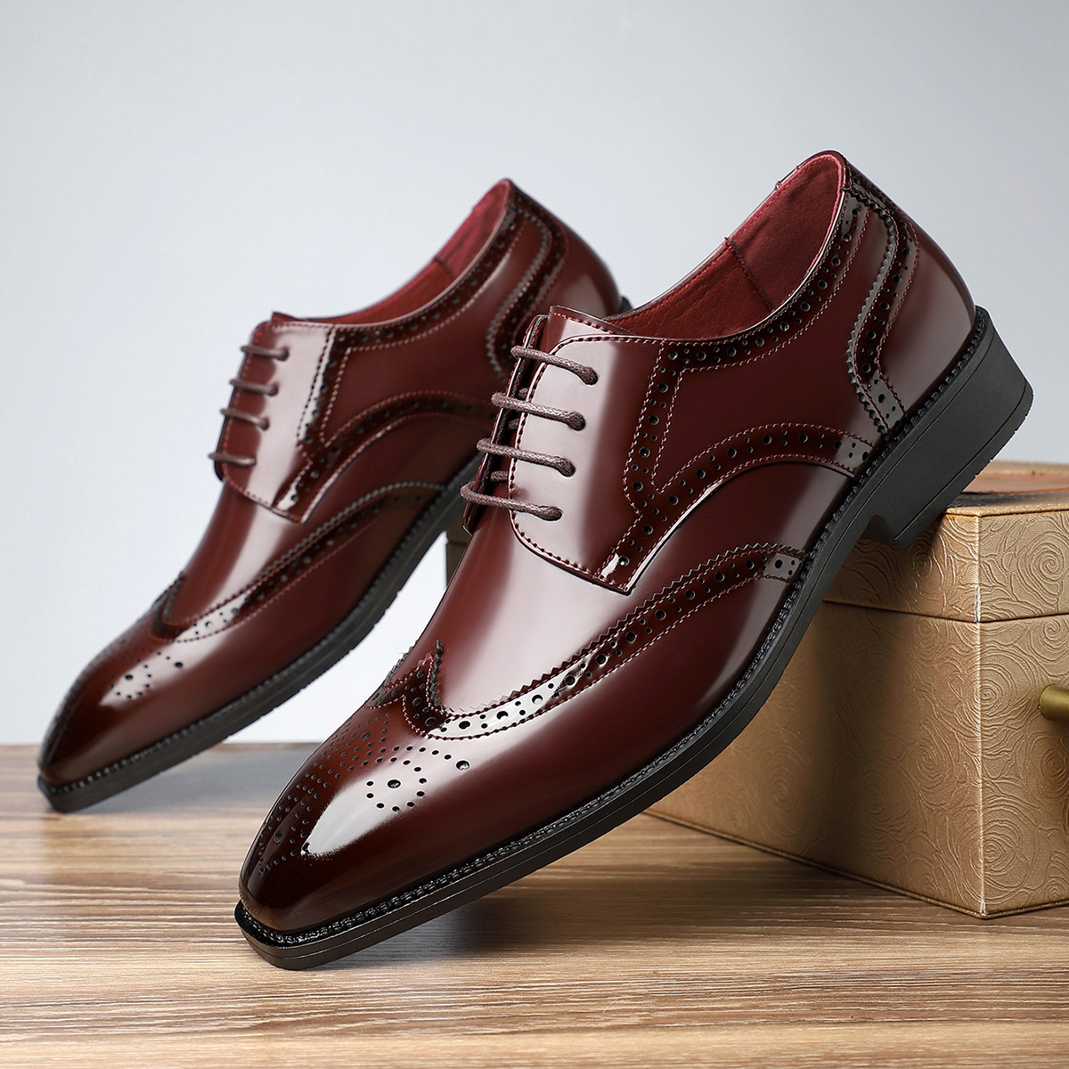 Men's Patent Leather Wingtip Brogue Dress Shoes in Black – side view | Hensley London