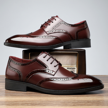 Men's Patent Leather Wingtip Brogue Dress Shoes in Olive – front view | Hensley London