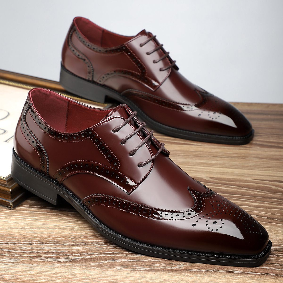 Men's Patent Leather Wingtip Brogue Dress Shoes in Olive – side view | Hensley London