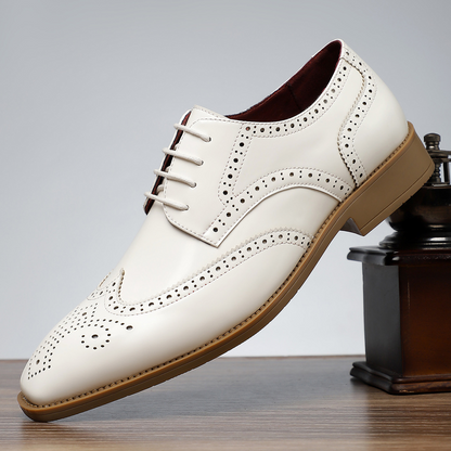 Men's Patent Leather Wingtip Brogue Dress Shoes in White – side view | Hensley London