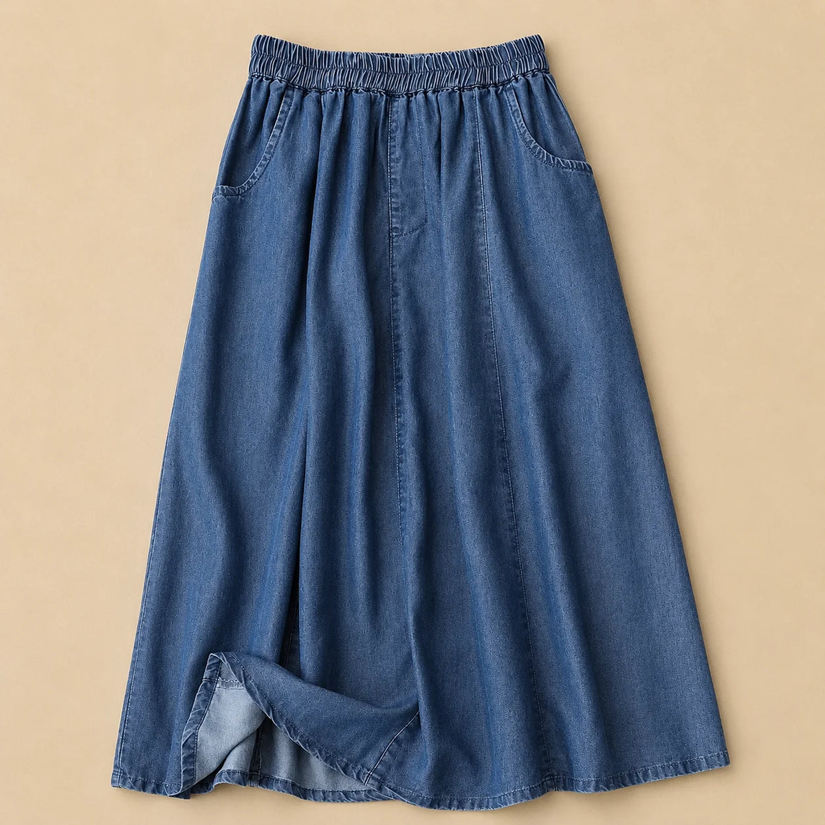 Women's Elastic-Waist Flowy Denim Skirt in Deep Blue – product view | Hensley London