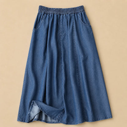 Women's Elastic-Waist Flowy Denim Skirt in Deep Blue – product view | Hensley London