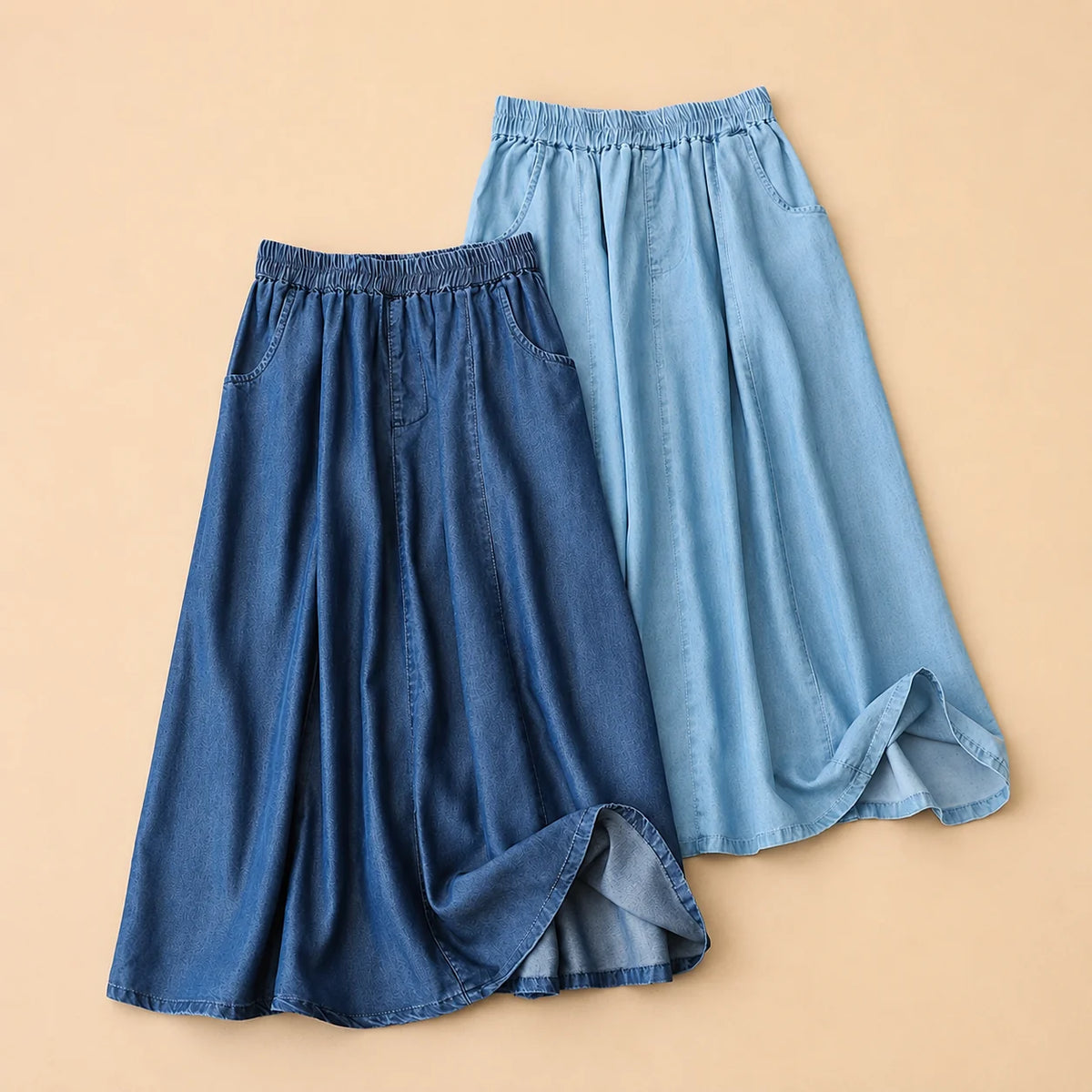 Women's Elastic-Waist Flowy Denim Skirt – product view | Hensley London