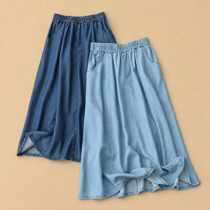 Women's Elastic-Waist Flowy Denim Skirt – product view | Hensley London