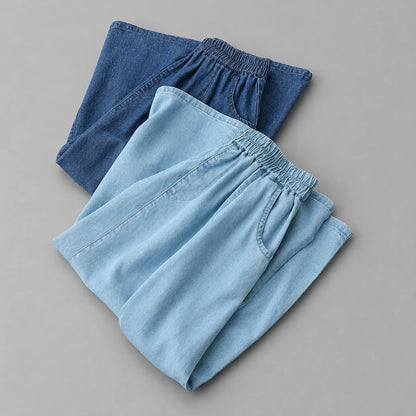 Women's Elastic-Waist Flowy Denim Skirt – product view | Hensley London
