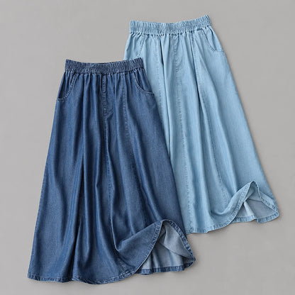 Women's Elastic-Waist Flowy Denim Skirt – product view | Hensley London