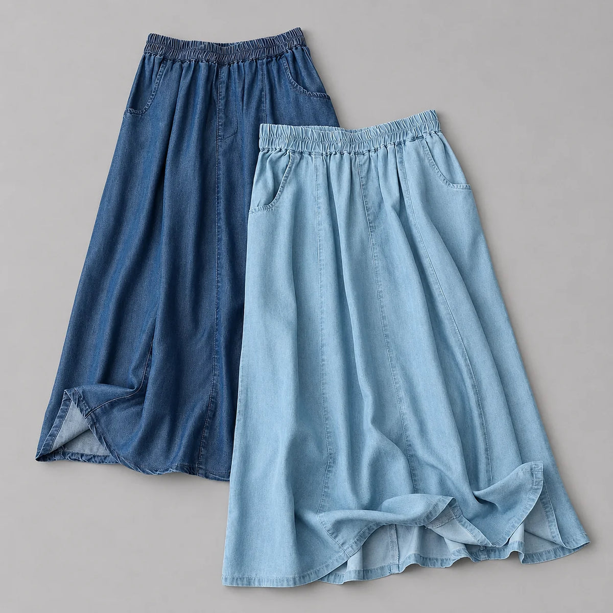 Women's Elastic-Waist Flowy Denim Skirt – product view | Hensley London