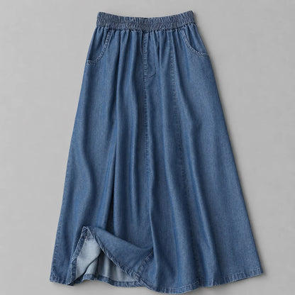 Women's Elastic-Waist Flowy Denim Skirt – product view | Hensley London