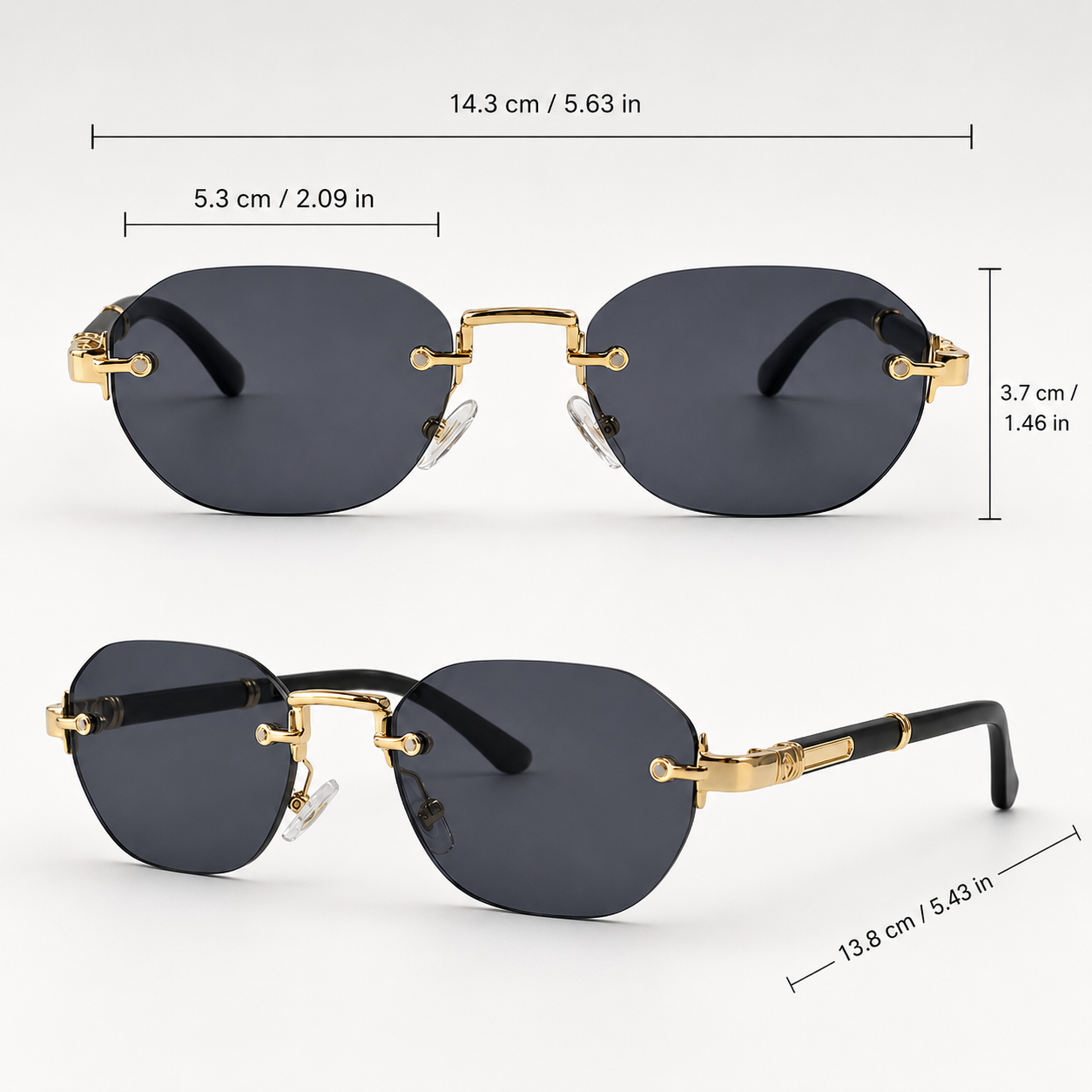 Gradient Rimless Rectangular Sunglasses – gold-tone bridge detail | Hensley London