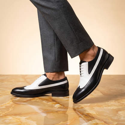 Men's Two-Tone Wingtip Brogue Dress Shoes – styled view | Hensley London