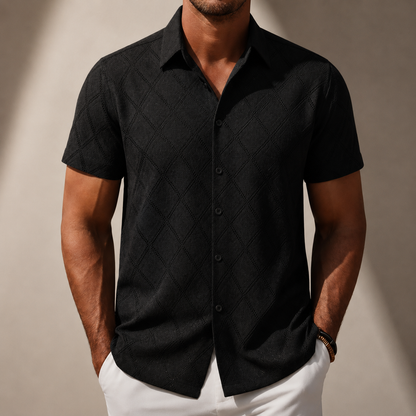 Men's Diamond Textured Knit Short Sleeve Shirt in Black – front view | Hensley London