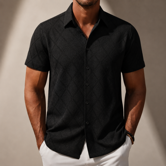 Men's Diamond Textured Knit Short Sleeve Shirt in Black – front view | Hensley London
