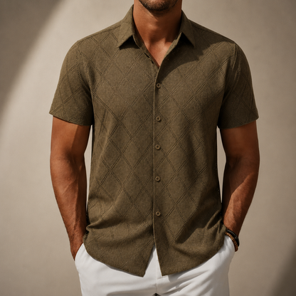 Men's Diamond Textured Knit Short Sleeve Shirt in White – front view | Hensley London