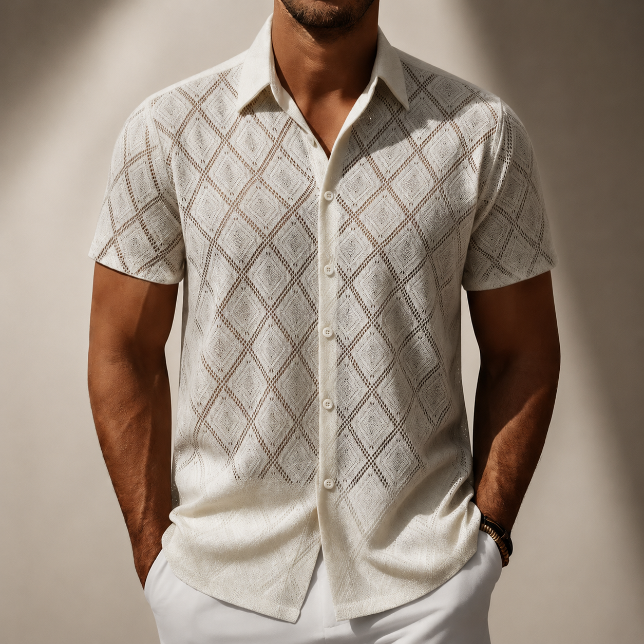 Men's Diamond Textured Knit Short Sleeve Shirt in Coffee Brown – front view | Hensley London