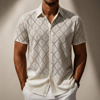 Men's Diamond Textured Knit Short Sleeve Shirt in Coffee Brown – front view | Hensley London