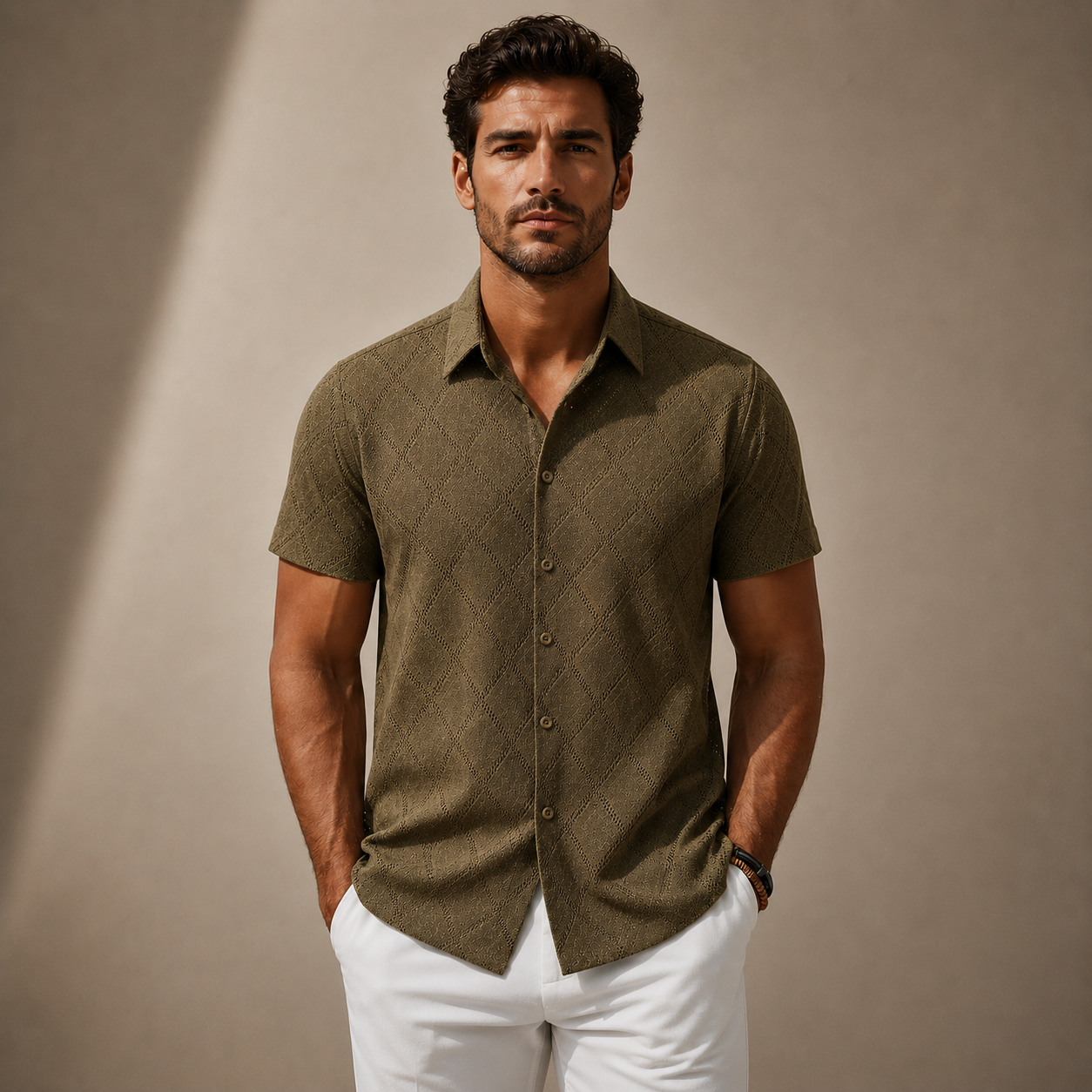 Men's Diamond Textured Knit Short Sleeve Shirt – detail view | Hensley London