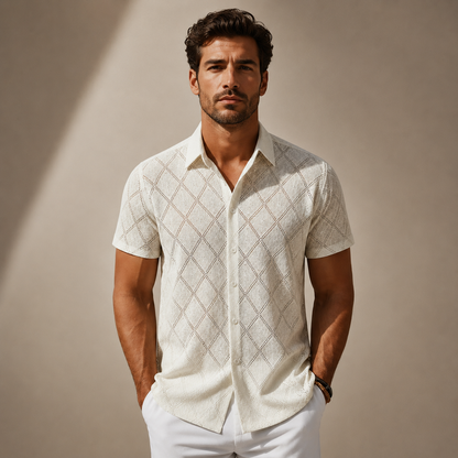 Men's Diamond Textured Knit Short Sleeve Shirt – detail view | Hensley London