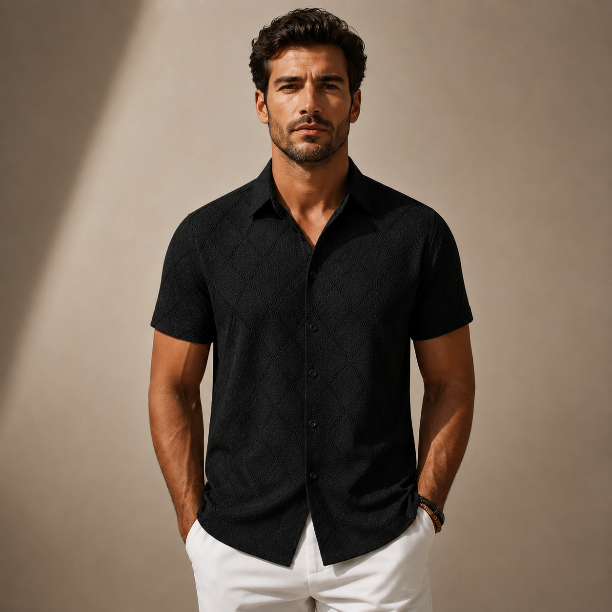 Men's Diamond Textured Knit Short Sleeve Shirt – detail view | Hensley London