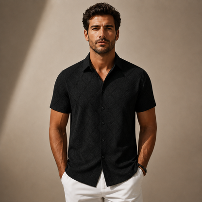 Men's Diamond Textured Knit Short Sleeve Shirt – detail view | Hensley London