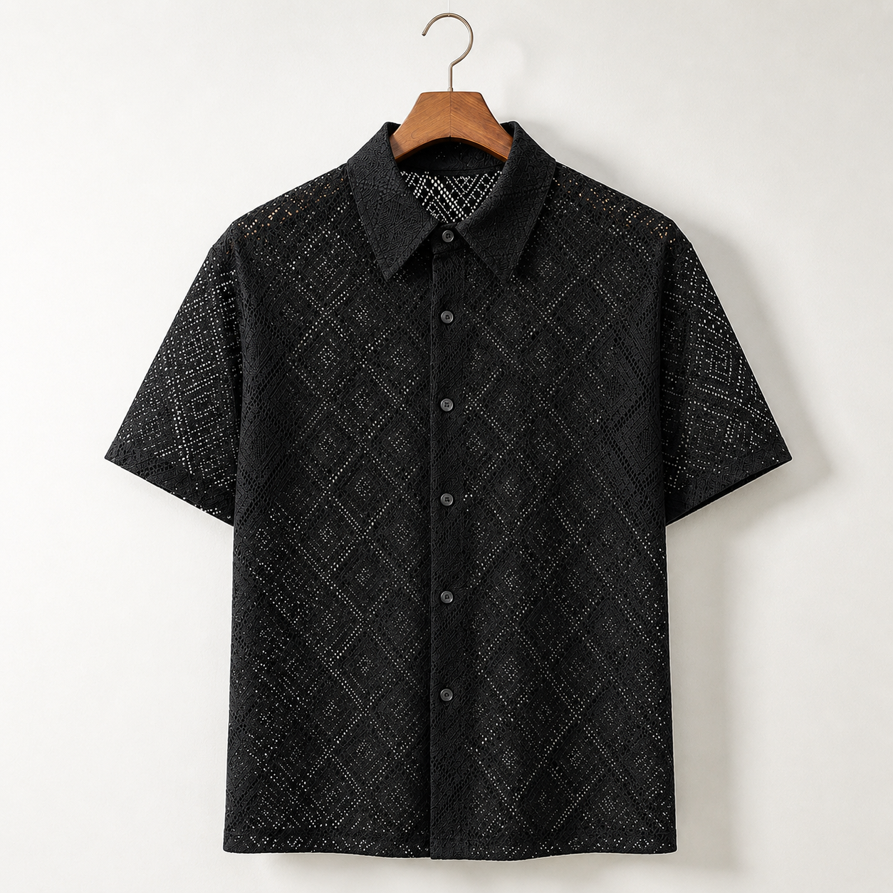 Men's Diamond Textured Knit Short Sleeve Shirt – detail view | Hensley London