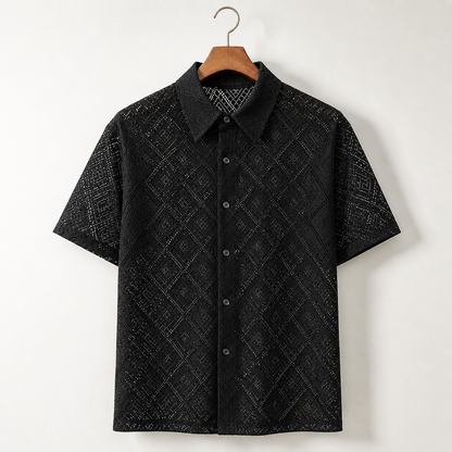 Men's Diamond Textured Knit Short Sleeve Shirt – detail view | Hensley London