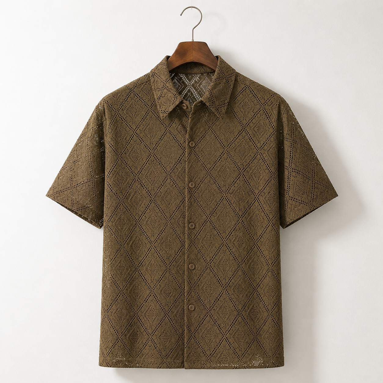 Men's Diamond Textured Knit Short Sleeve Shirt – detail view | Hensley London