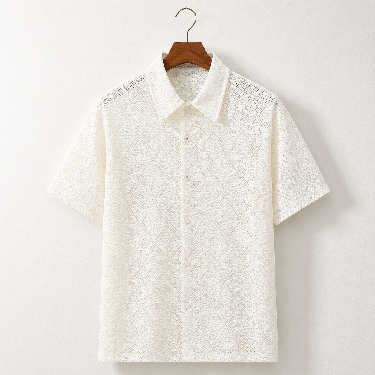 Men's Diamond Textured Knit Short Sleeve Shirt – detail view | Hensley London