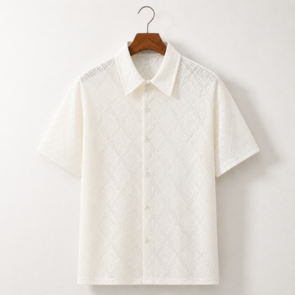 Men's Diamond Textured Knit Short Sleeve Shirt – detail view | Hensley London
