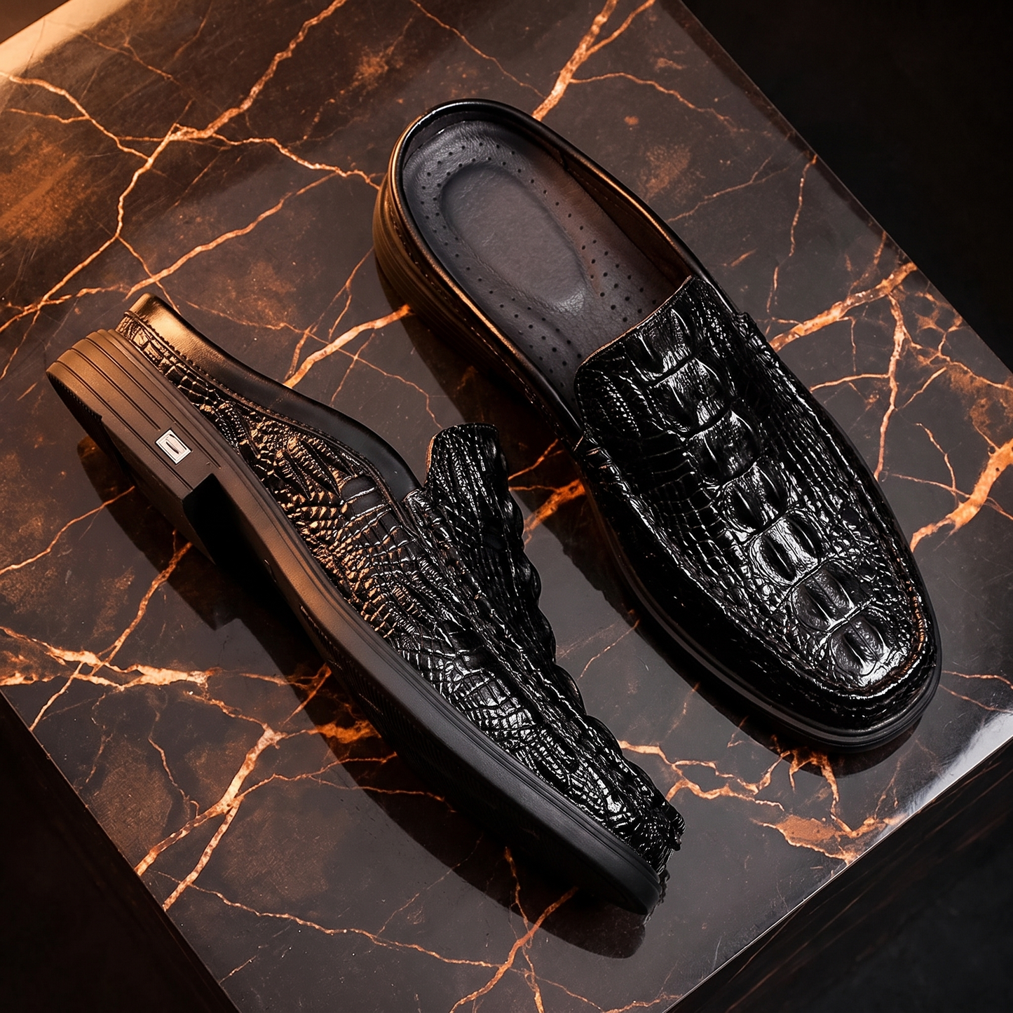 Men's Croc-Embossed Leather Mule Loafers – back view | Hensley London