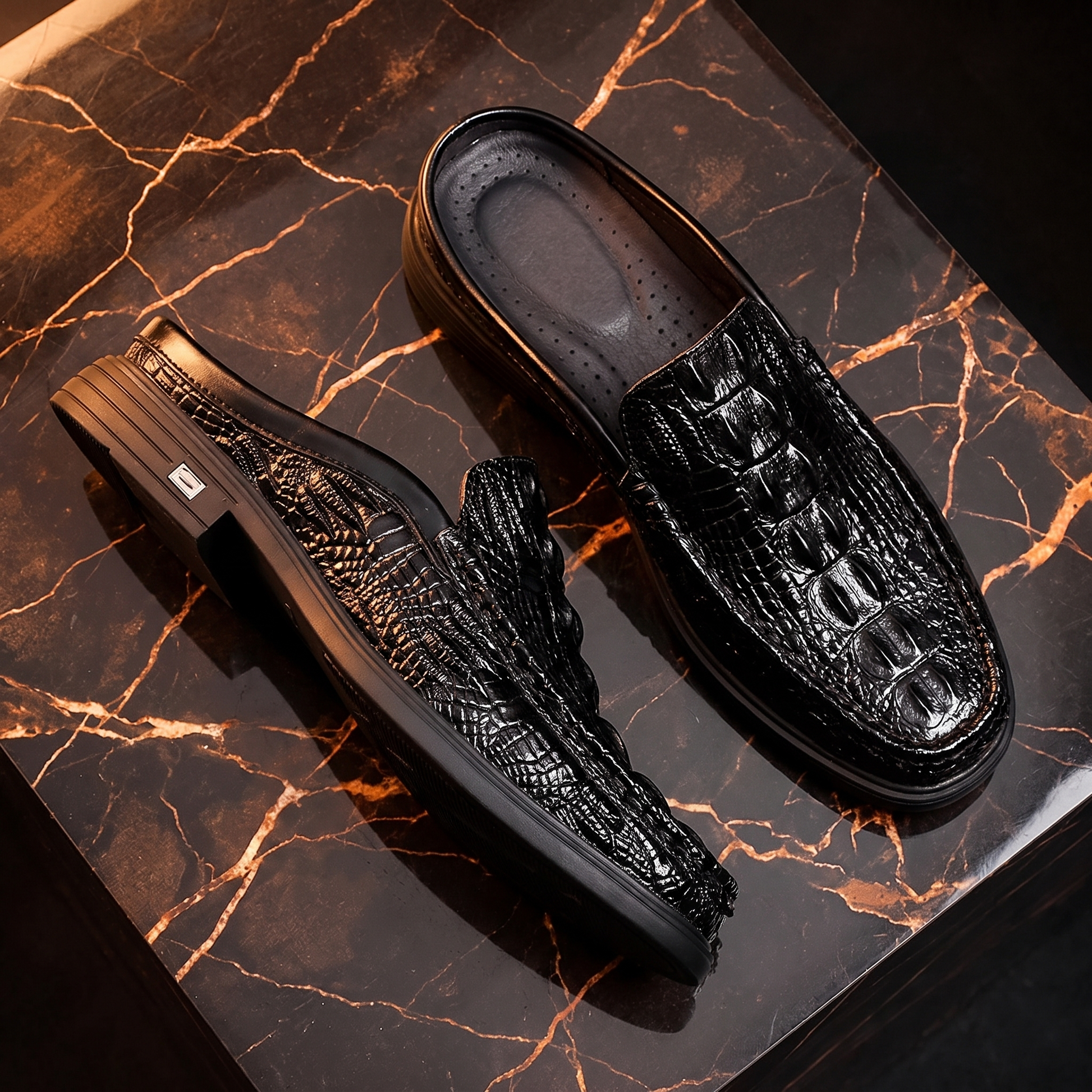 Men's Croc-Embossed Leather Mule Loafers – back view | Hensley London