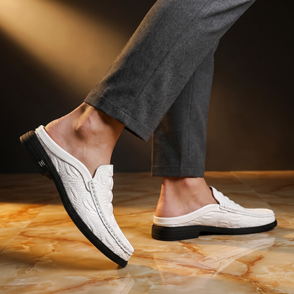 Men's Croc-Embossed Leather Mule Loafers – styled view | Hensley London