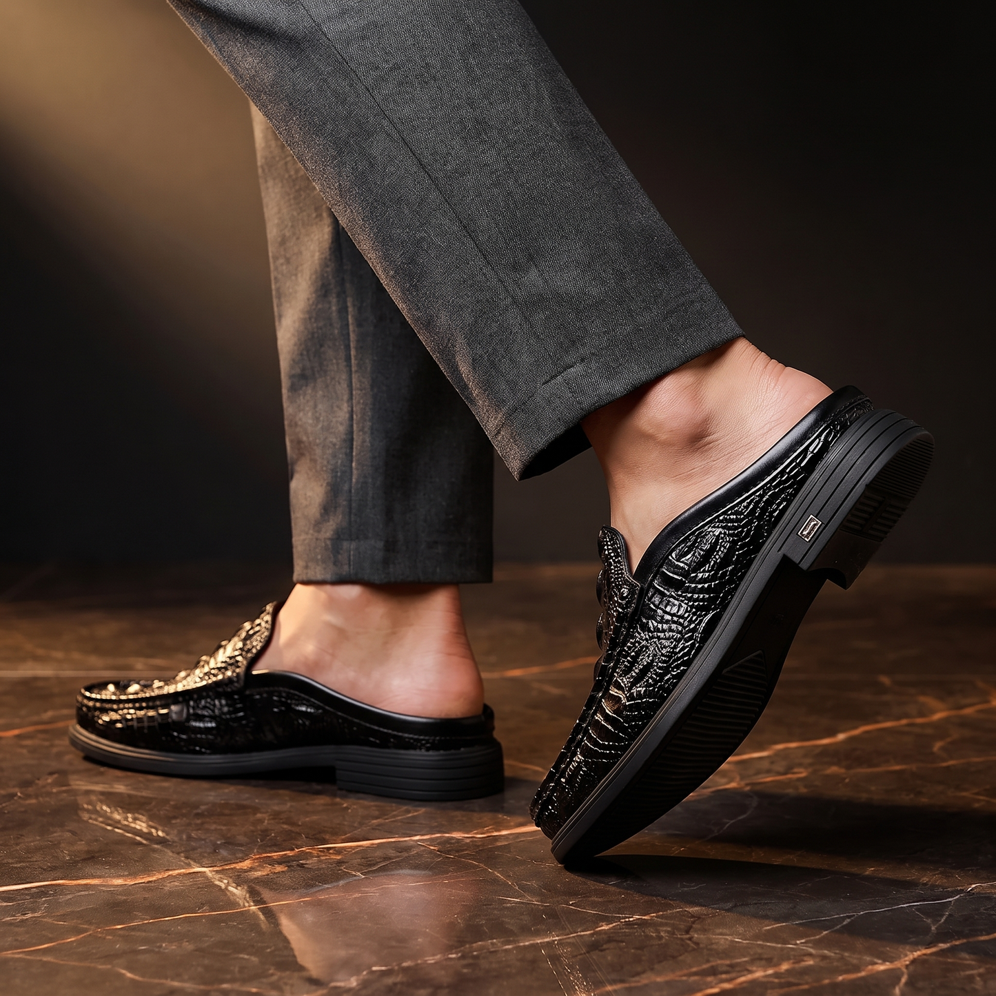 Men's Croc-Embossed Leather Mule Loafers – angle view | Hensley London
