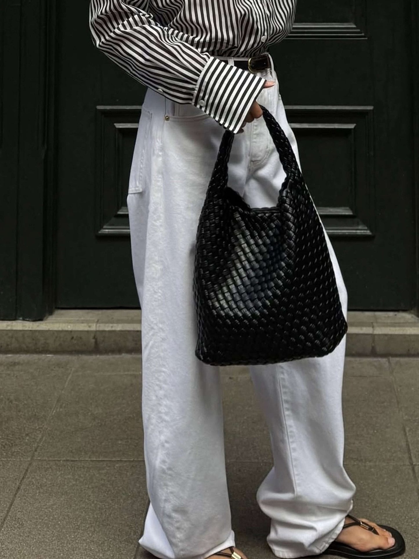 Women's Woven Faux Leather Medium Shopper Bag - additional product view | Hensley London
