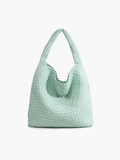 Women's Woven Faux Leather Medium Shopper Bag in Turquoise - product view | Hensley London