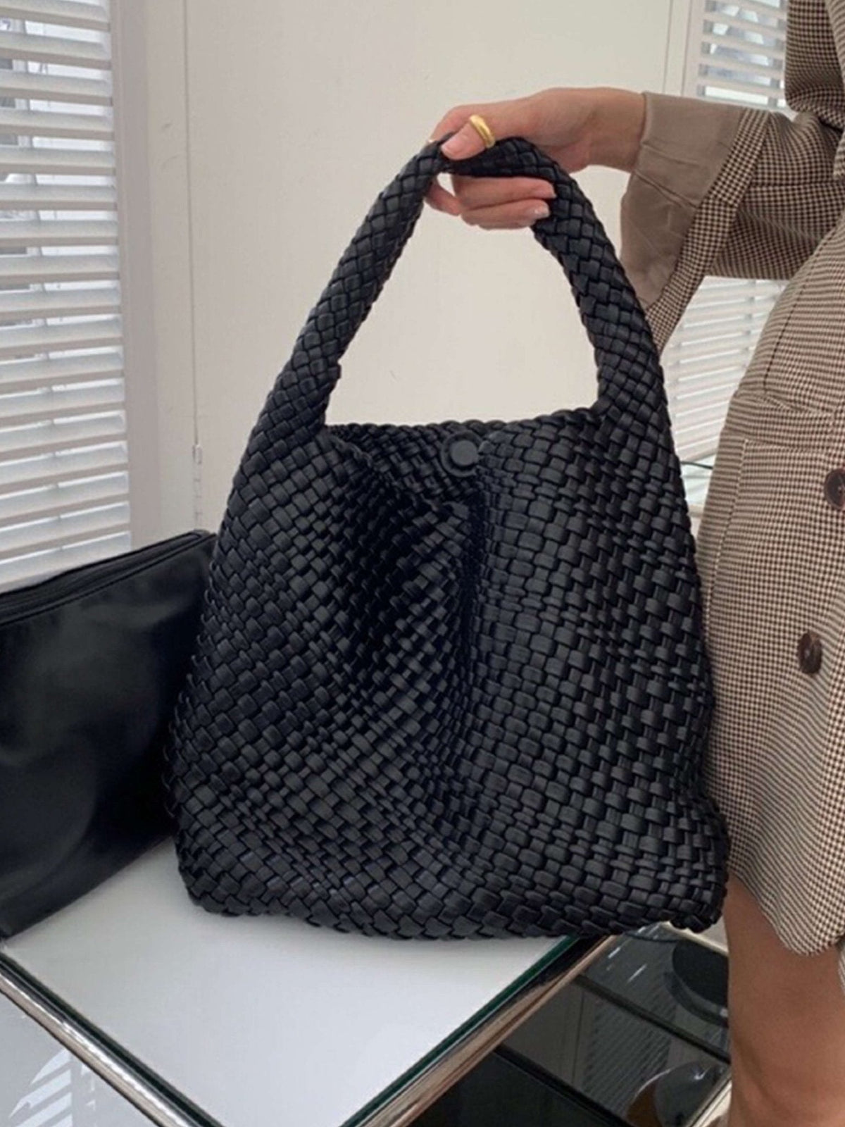 Women's Woven Faux Leather Medium Shopper Bag - additional product view | Hensley London
