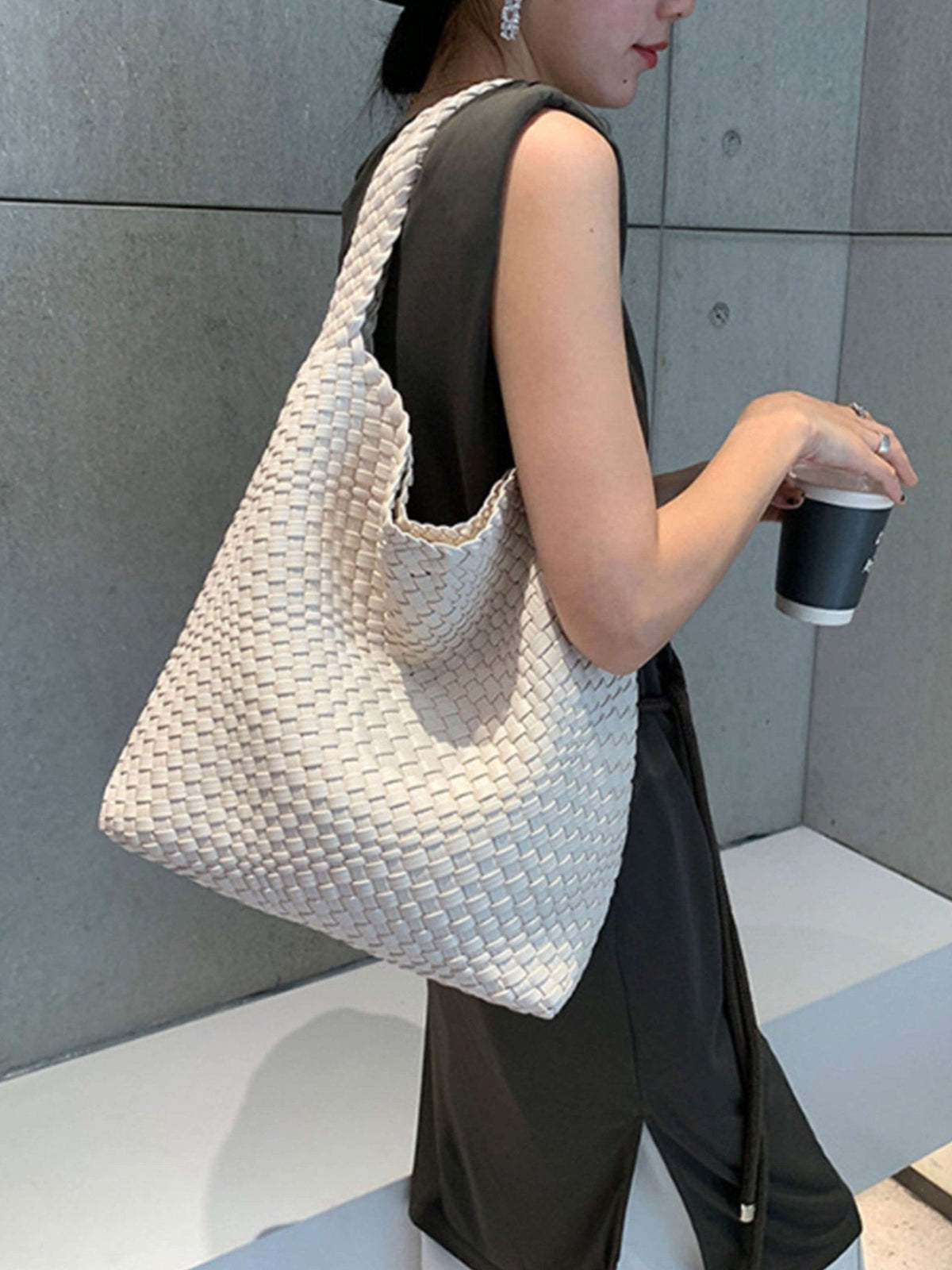 Women's Woven Faux Leather Medium Shopper Bag - additional product view | Hensley London