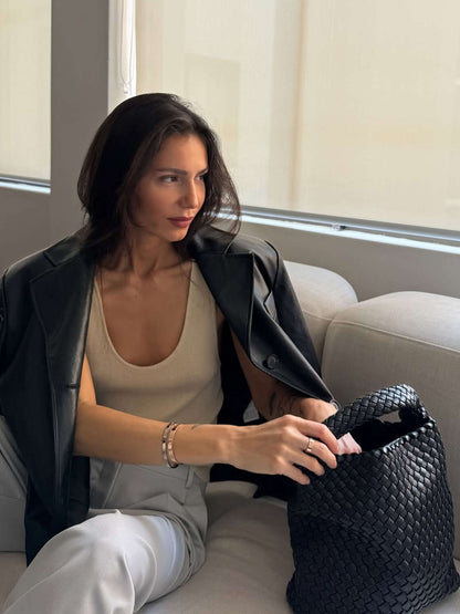 Women's Woven Faux Leather Medium Shopper Bag - additional product view | Hensley London